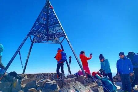 Hikers on the Toubkal Express trek enjoying scenic views of the Atlas Mountains